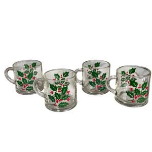 Set of 4 Vintage Christmas Holly Berry Glass Mugs Clear Gold Rim Paint USA
